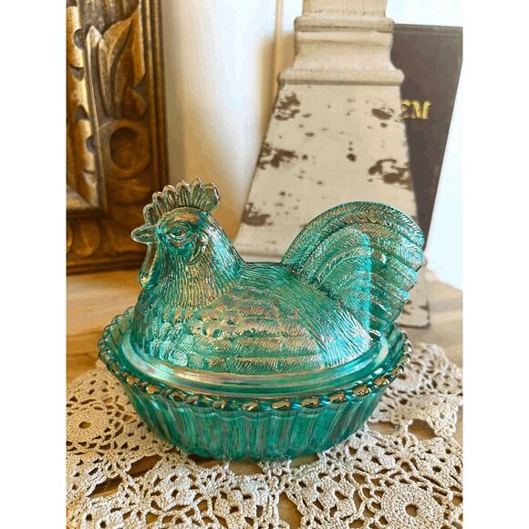 Westmoreland Other - Teal Carnival Glass Rooster on Nest – Westmoreland Mold | Mosser USA